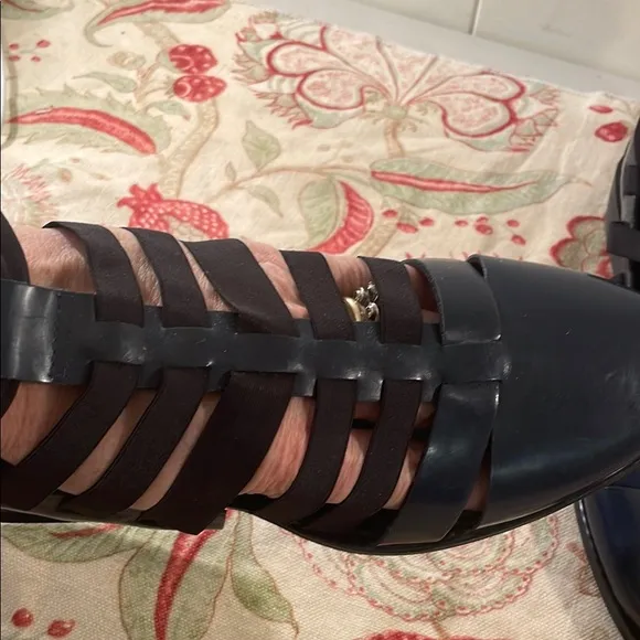 All Black Navy Blue Black Nylon Gladiator Straps Heeled Slip On Shoes