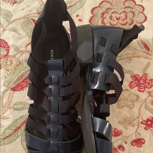All Black Navy Blue Black Nylon Gladiator Straps Heeled Slip On Shoes