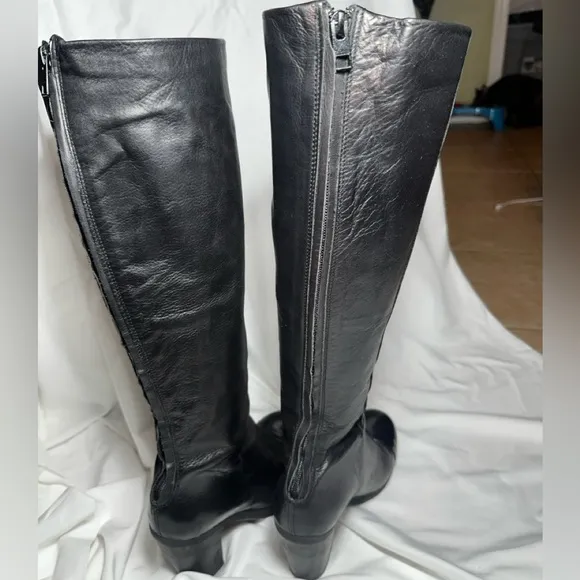 All Saints Black Leather Tall Boots Shoes Heels Women Size 8 1/2 Great Shape!