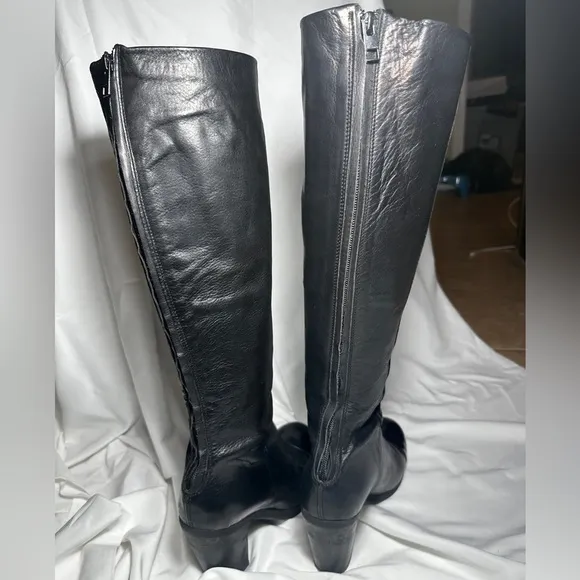 All Saints Black Leather Tall Boots Shoes Heels Women Size 8 1/2 Great Shape!