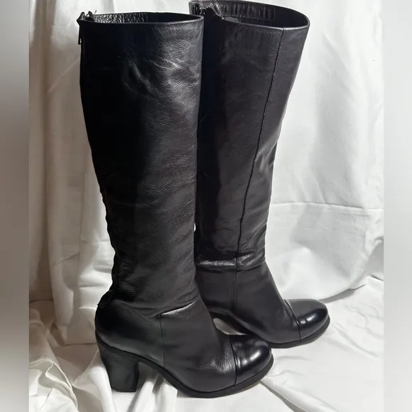 All Saints Black Leather Tall Boots Shoes Heels Women Size 8 1/2 Great Shape!
