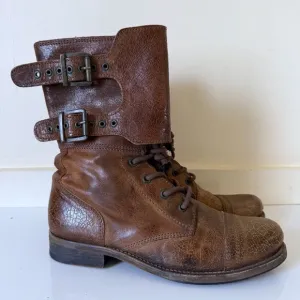 All Saints Damisi Combat Boots Womens Size 38 Brown  Leather Buckle Biker Buckle