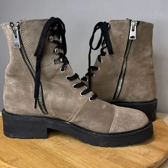 AllSaints Women's Dusty Suede Leather Lace Up Zip Combat Boots Beige Size 7