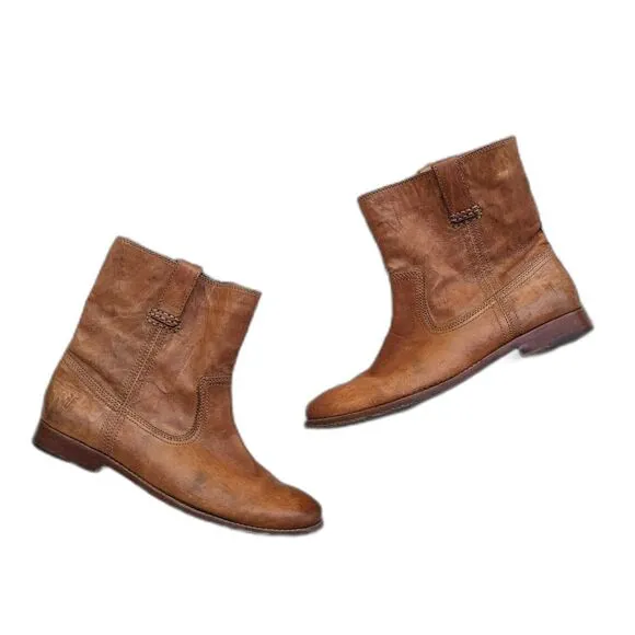 Amazing Weathered FRYE &quot;Ana&quot; Cozy Short Cut Tan Leather Boots/9.5
