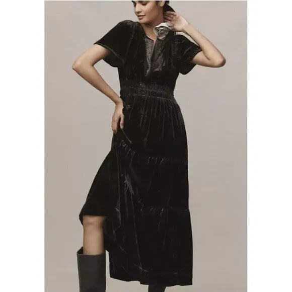 Anthropologie Somerset Dress Dark Gray Maxi Velvet Edition Sz XS Petite NEW XSP