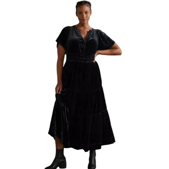 Anthropologie Somerset Velvet Maxi Dress with Pockets in Black Size 2X