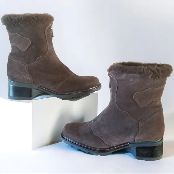 Aquatalia Romania Womens SZ 8 Suede Faux Fur Lined Brown Zip Up Winter Boots