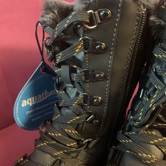 Aquatherm Womens Size 6 Cold‎ Weather Boots Black Faux Fur Waterproof Anti Slip