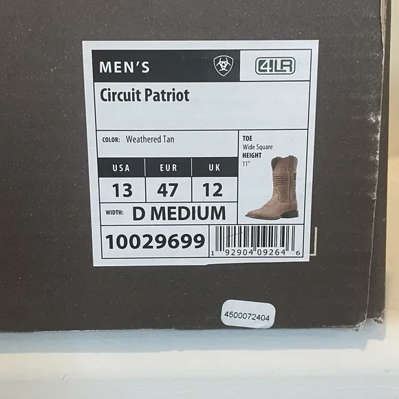 Ariat Mens Circuit Patriot Weathered Tan Boots 10029699 Leather WESTERN NEW NIB