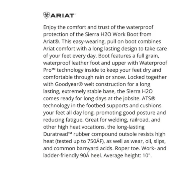 Ariat Sierra H20 Waterproof ATS Leather Goodyear Welt Work Boots 10D Brown