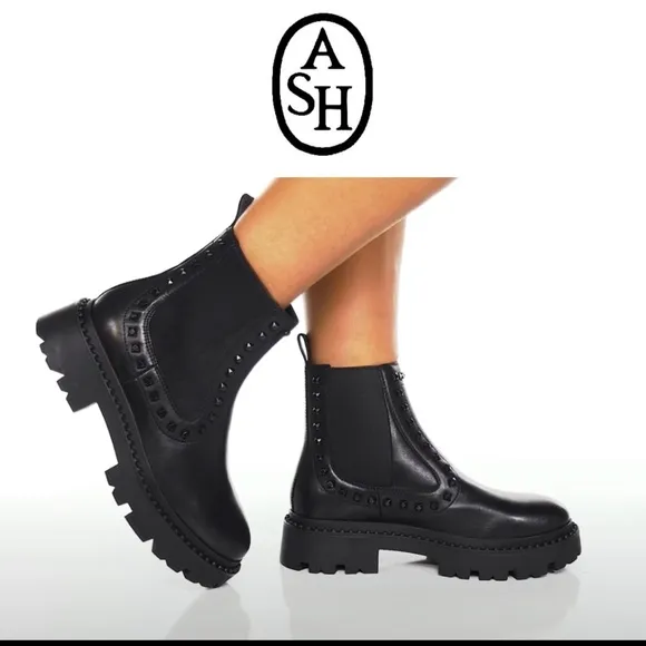 Ash Genesis Bis Boots Black Chunky Lug Sole Studded Ankle Chukka Chelsea Bootie