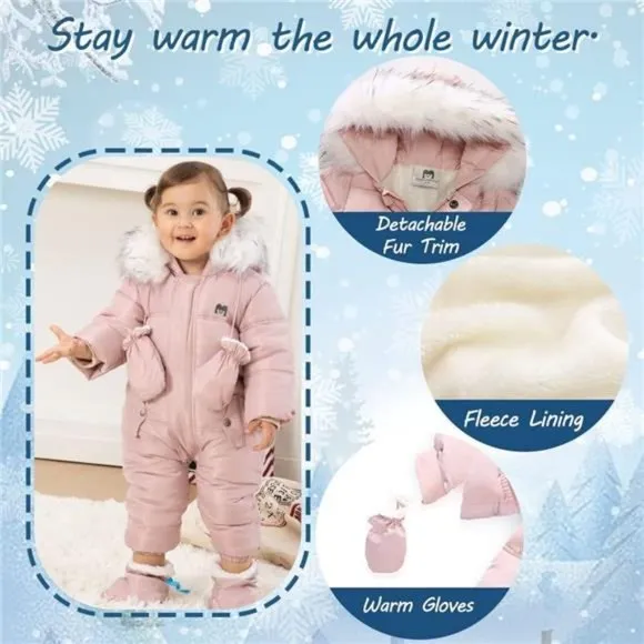Baby Winter Snowsuit Coat Romper Outwear Hooded Footie Toddler, Pink