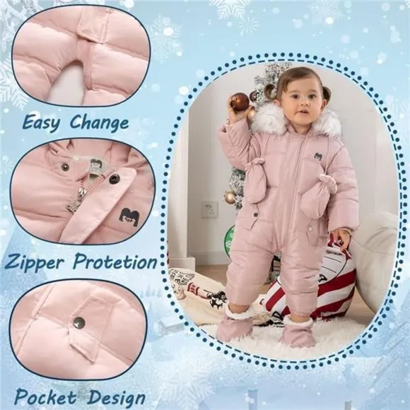Baby Winter Snowsuit Coat Romper Outwear Hooded Footie Toddler, Pink