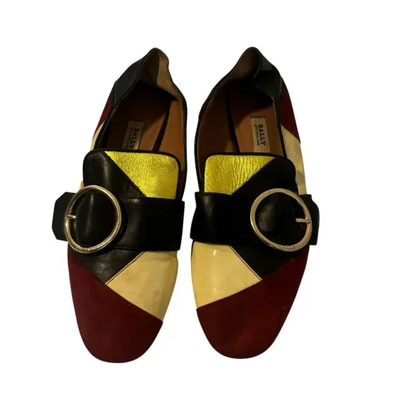 BALLY Slip-On Janelle Loafers Flat Shoes Multi Leather Gold Buckle