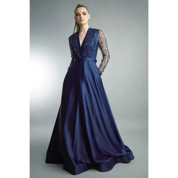 Basix Black Label Women's Jersey A-Line Gown Navy Size 10 $895