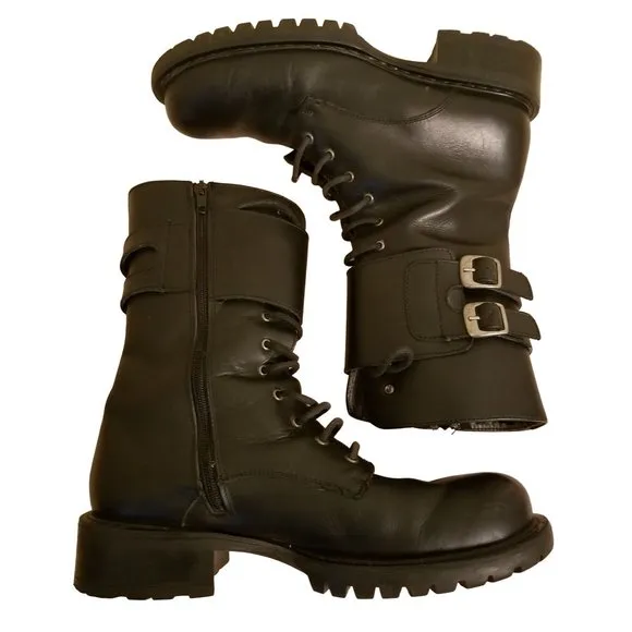 Bass 10 Black Leather Chunky Military Moto Boots Combat 90s Y2K STOMPER Italy