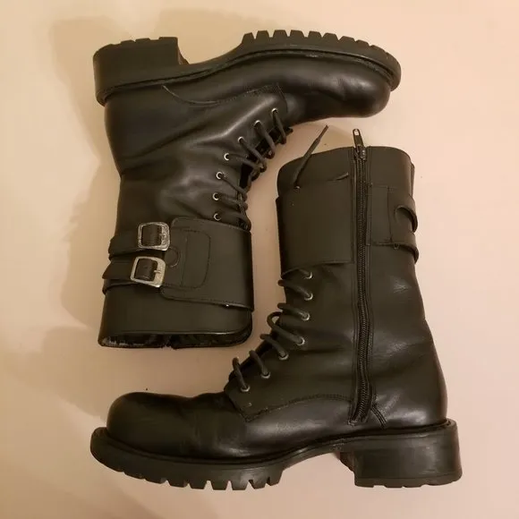 Bass 10 Black Leather Chunky Military Moto Boots Combat 90s Y2K STOMPER Italy