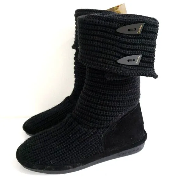 BearPaw Sweater Knit Suede Tall Black Boots Women's Sz 7