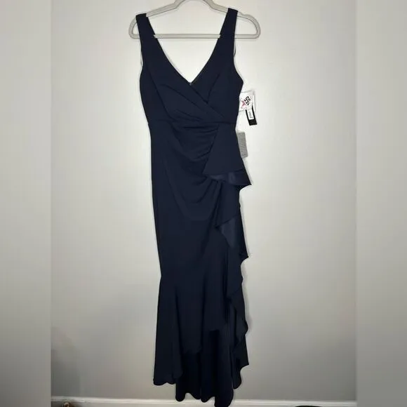 Betsy &amp; Adam V Neck Cascade Ruffle High Low Gown NWT