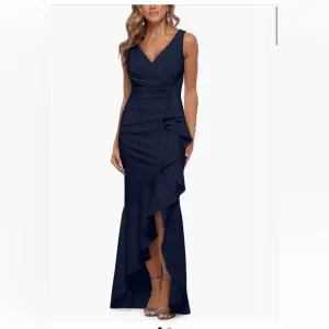 Betsy &amp; Adam V Neck Cascade Ruffle High Low Gown NWT