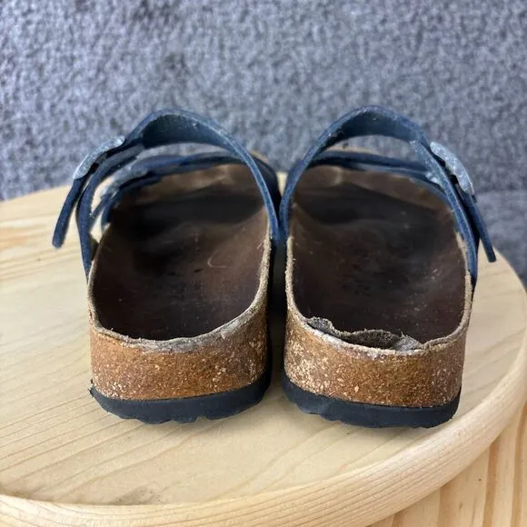 Birkenstock Sandals Three Strap Birkis Womens 7 Blue Slip On Buckle Cork Shoe