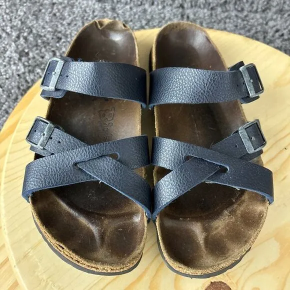 Birkenstock Sandals Three Strap Birkis Womens 7 Blue Slip On Buckle Cork Shoe