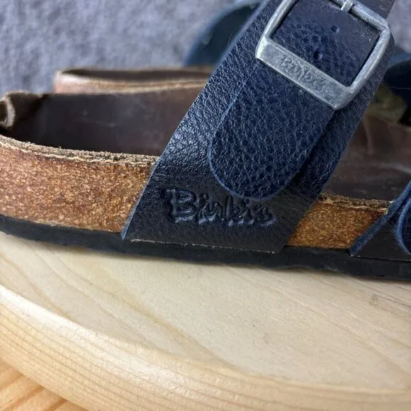 Birkenstock Sandals Three Strap Birkis Womens 7 Blue Slip On Buckle Cork Shoe
