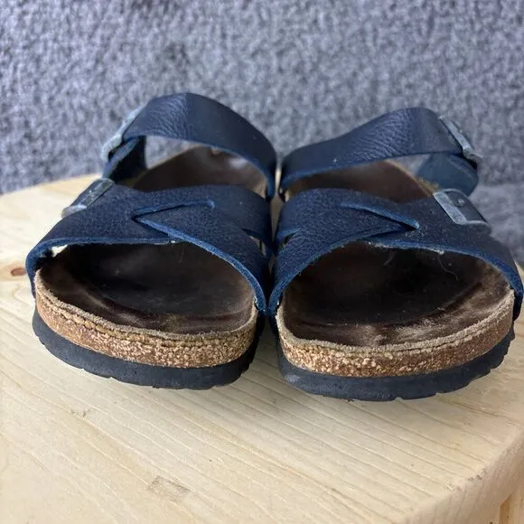 Birkenstock Sandals Three Strap Birkis Womens 7 Blue Slip On Buckle Cork Shoe