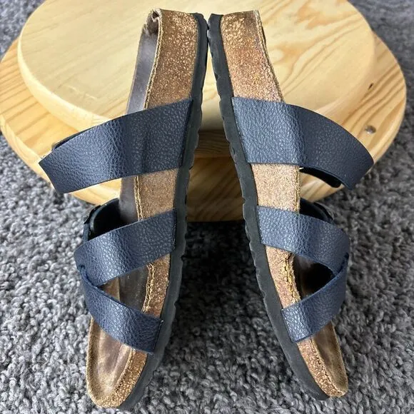 Birkenstock Sandals Three Strap Birkis Womens 7 Blue Slip On Buckle Cork Shoe