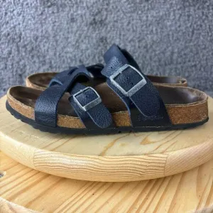 Birkenstock Sandals Three Strap Birkis Womens 7 Blue Slip On Buckle Cork Shoe