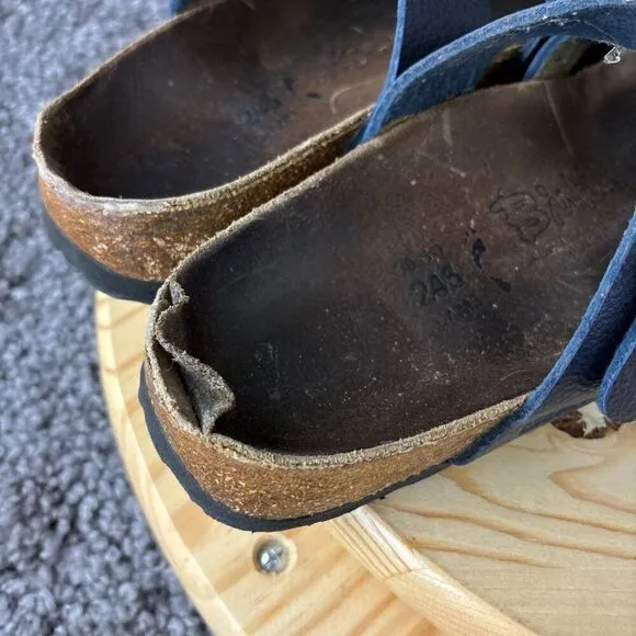 Birkenstock Sandals Three Strap Birkis Womens 7 Blue Slip On Buckle Cork Shoe