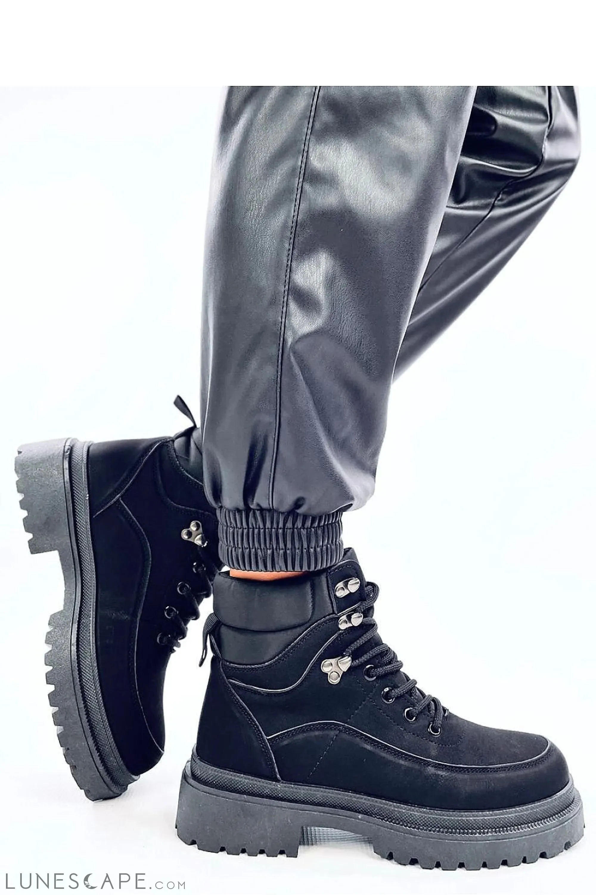 Black Canvas Combat Boots with Chunky Sole and Lace-up Detail