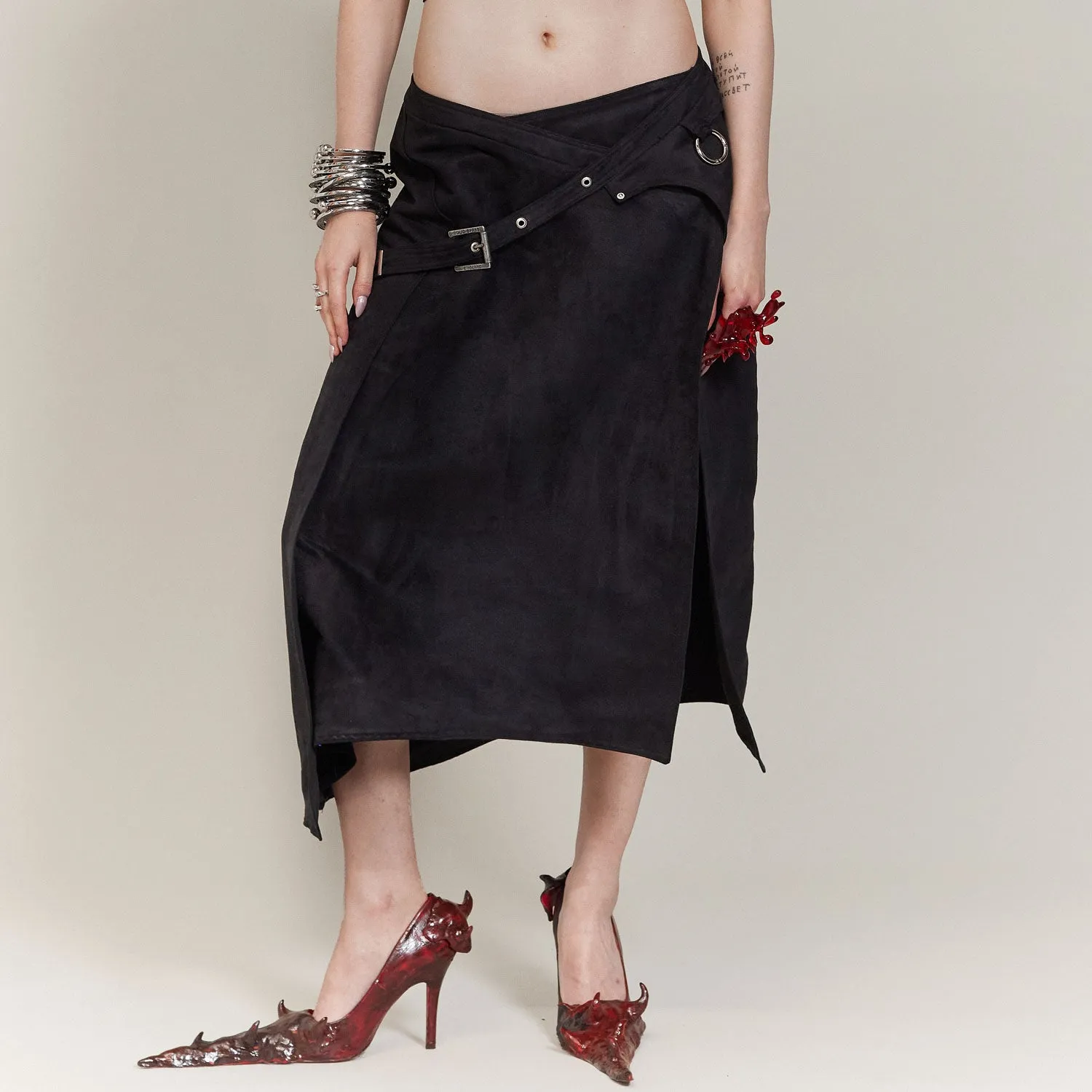 Black Goth Wrap Suede Skirt