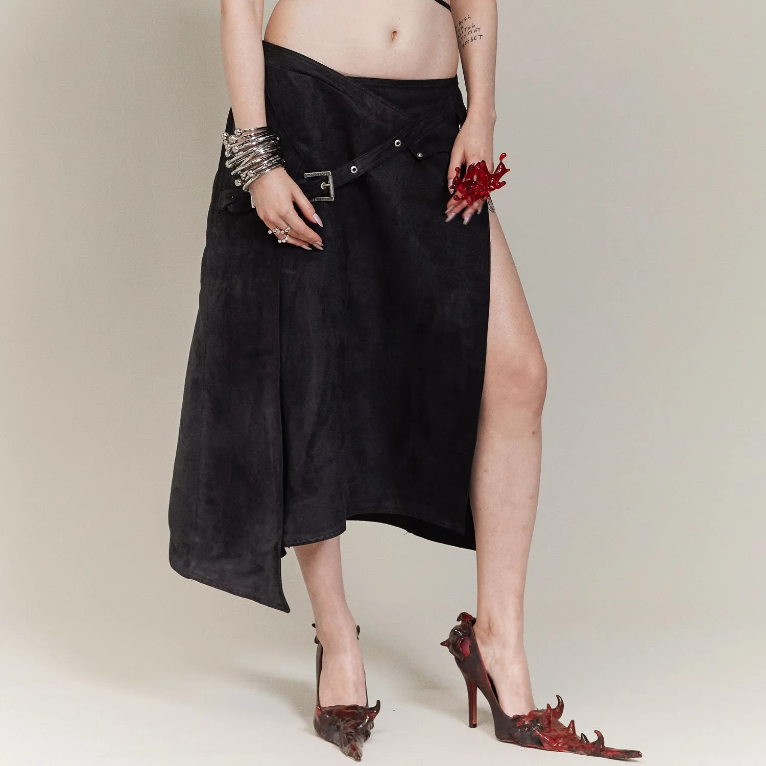 Black Goth Wrap Suede Skirt