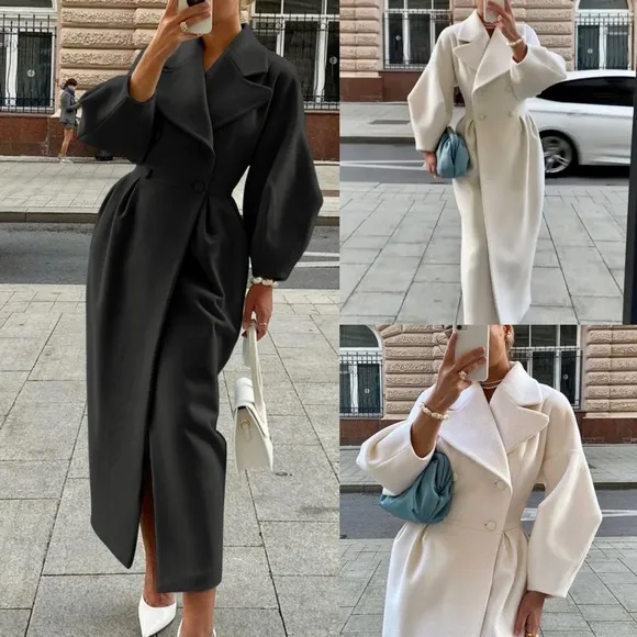 Black / ivory thick luxurious long puff sleeve double breasted trench coat
