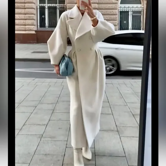 Black / ivory thick luxurious long puff sleeve double breasted trench coat