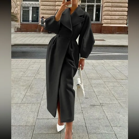 Black / ivory thick luxurious long puff sleeve double breasted trench coat