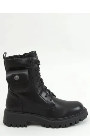 Black Lace-up Combat Boots with Side Zip & Utility Pocket, Hi-Traction Lug Sole