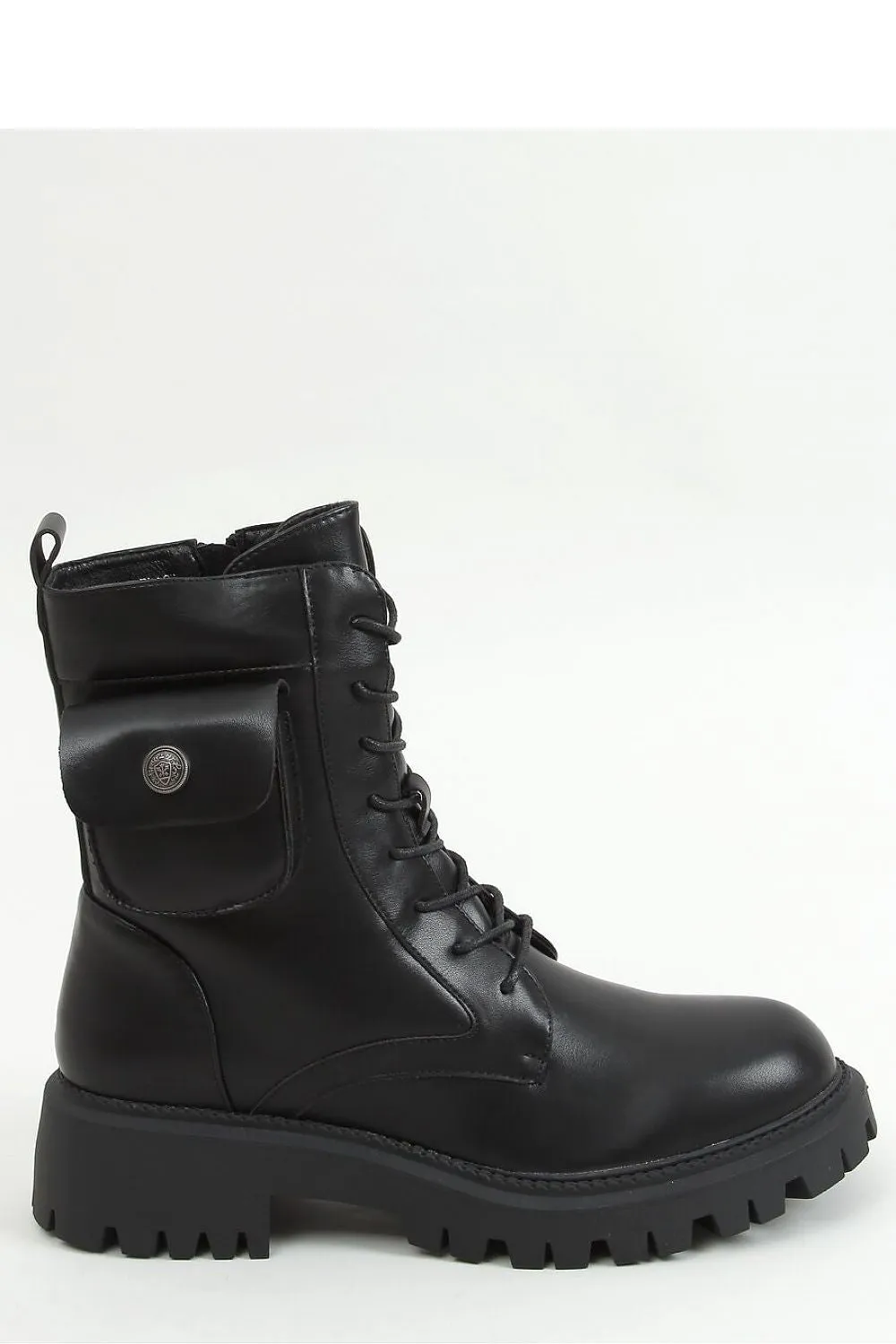 Black Lace-up Combat Boots with Side Zip & Utility Pocket, Hi-Traction Lug Sole