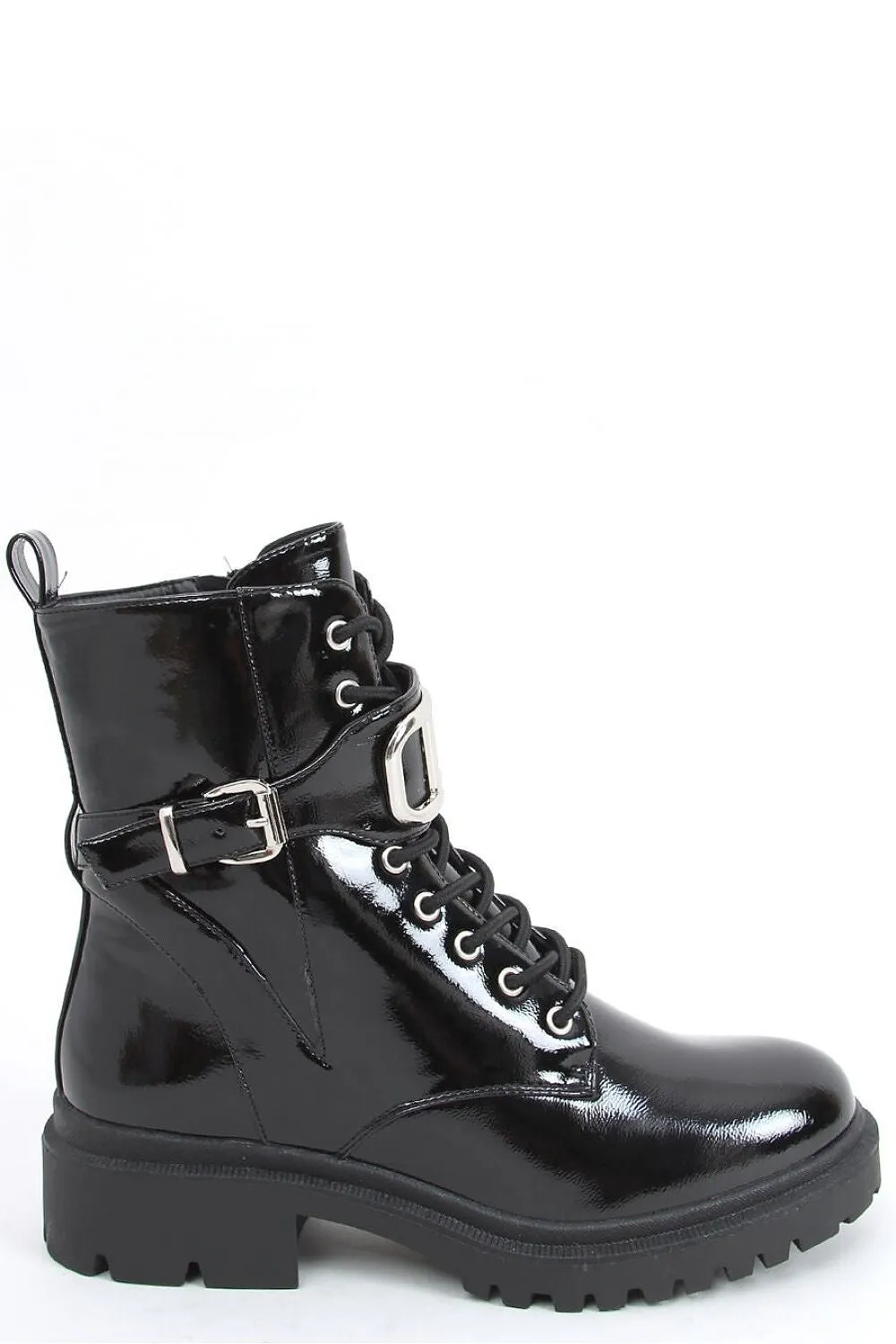 Black Patent Leather Lug Sole Combat Boots with Sculptural Chain Dettail