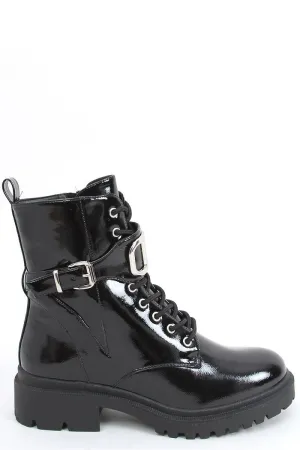 Black Patent Leather Lug Sole Combat Boots with Sculptural Chain Dettail