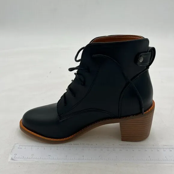 Black Women Round Toe Ankle Booties Chunky Heel Lace-up Short Combat Boots Daily
