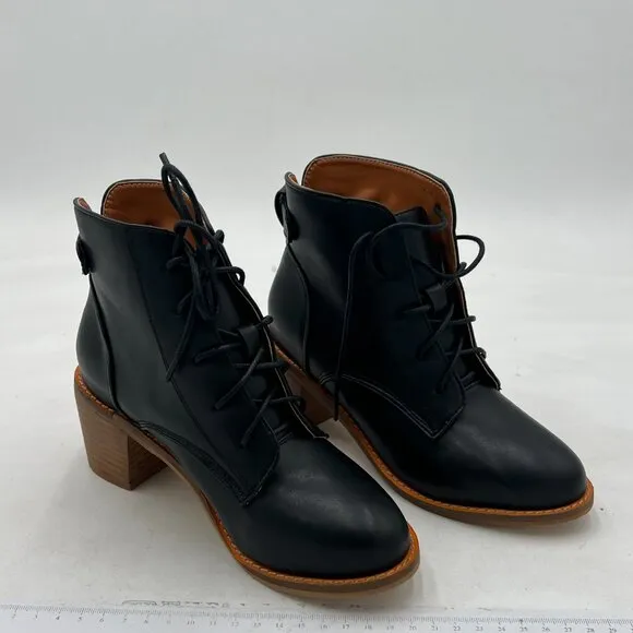 Black Women Round Toe Ankle Booties Chunky Heel Lace-up Short Combat Boots Daily