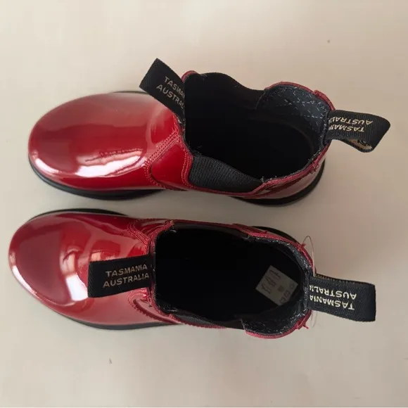 Blundstone Red Low-Heel Chelsea  shiny red patent leather boot. 2253. 3, 4