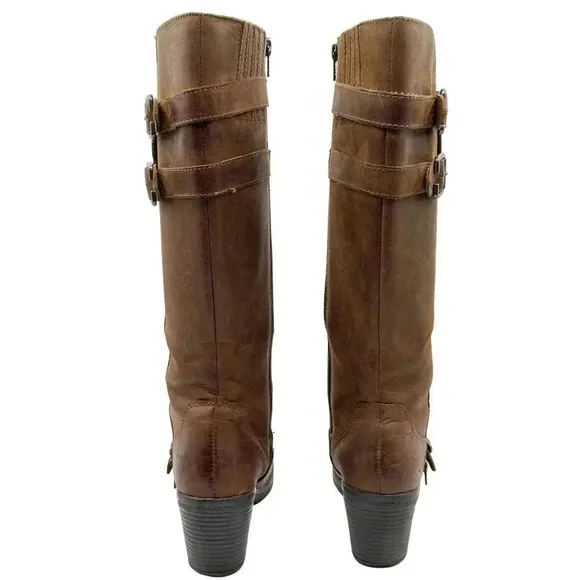 BOC Born Concept Leather Tall Riding Biker Boots Side Zip Buckle Strap Women 7-8