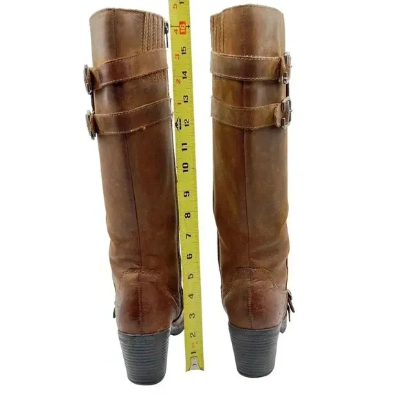 BOC Born Concept Leather Tall Riding Biker Boots Side Zip Buckle Strap Women 7-8