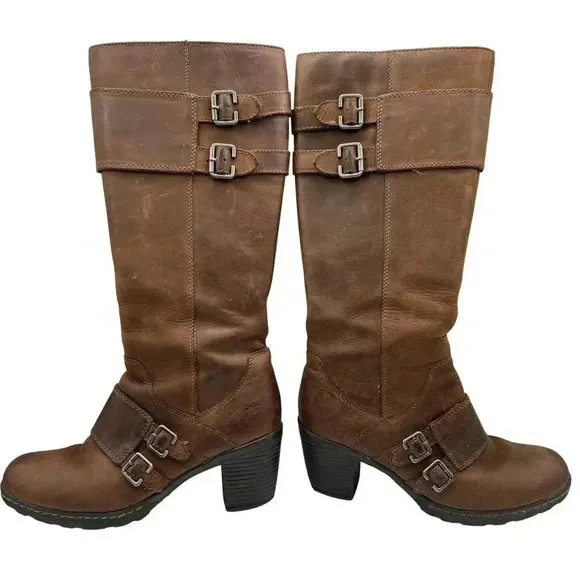 BOC Born Concept Leather Tall Riding Biker Boots Side Zip Buckle Strap Women 7-8