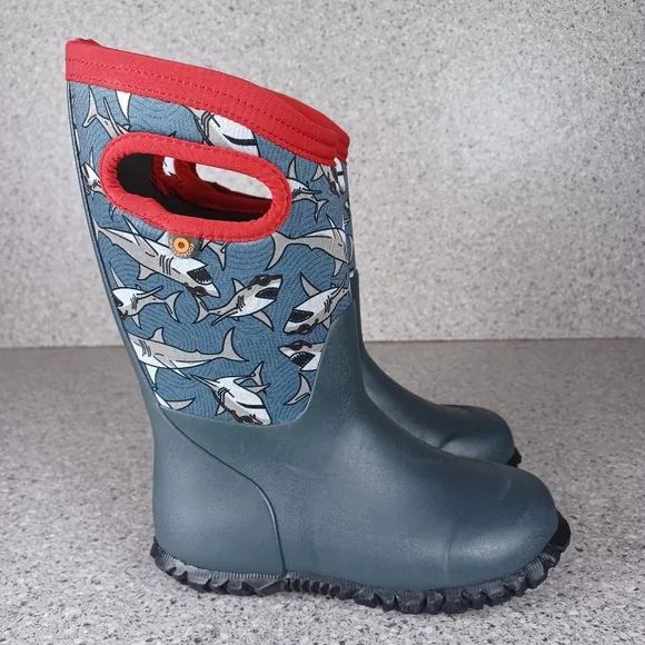 BOGS Boots Waterproof Durham Kids Shoes Gray Shark Print Sizes 10
