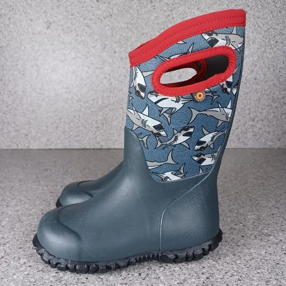 BOGS Boots Waterproof Durham Kids Shoes Gray Shark Print Sizes 10