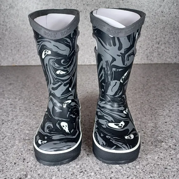BOGS Rainboot Black Gray Ghost Spooky Kids Waterproof Shoes